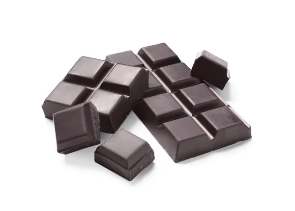 Pedaços Chocolate Escuro Delicioso Isolado Branco — Fotografia de Stock