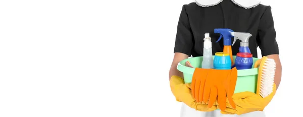 Young Chambermaid Holding Plastic Basin Detergents White Background Closeup Banner — Stock Photo, Image