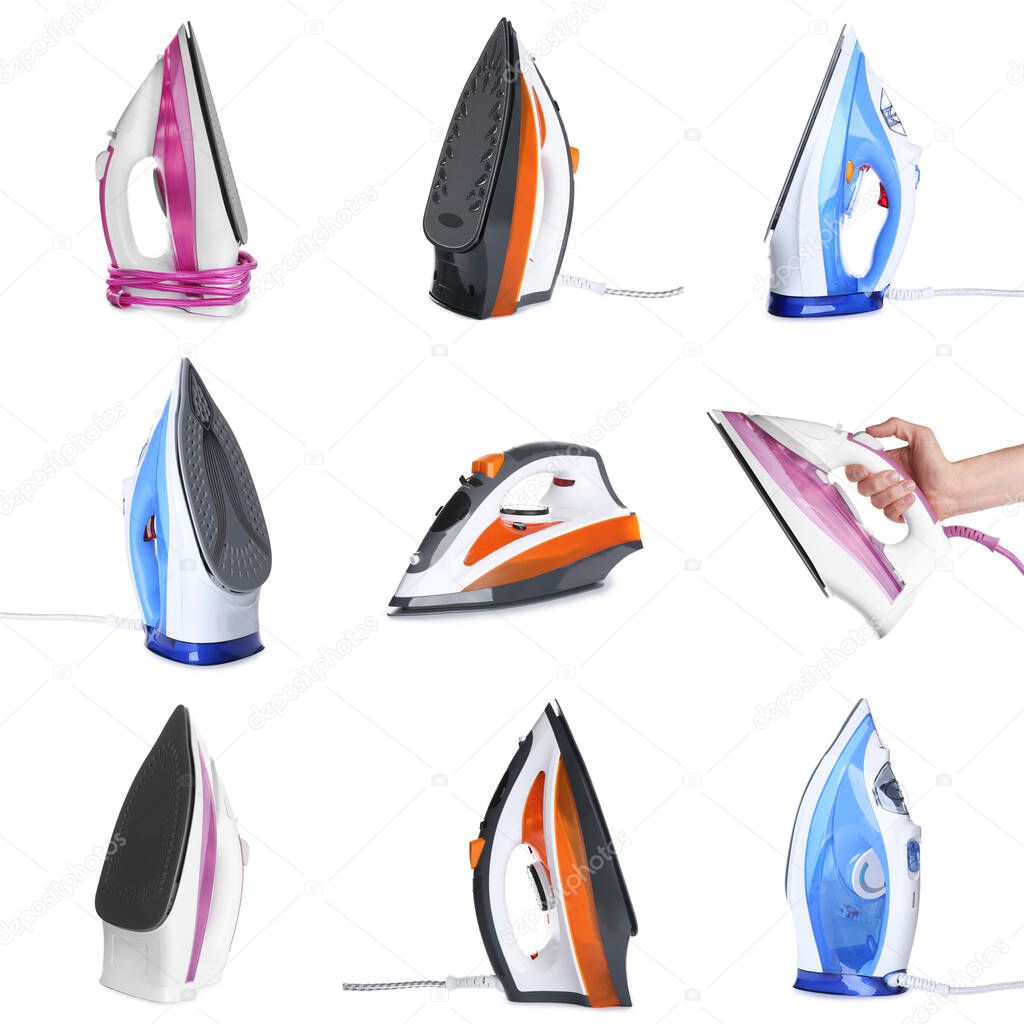 Set with modern electric irons on white background