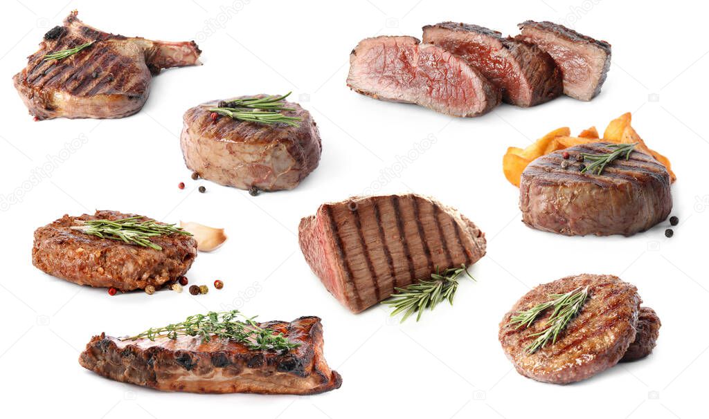 Set with different delicious grilled meat on white background 