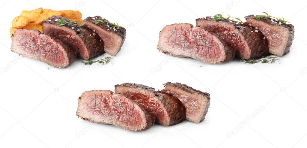 Set with delicious grilled meat on white background, banner design  