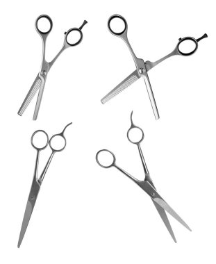 Beyaz arkaplanda farklı bir makasla ayarlayın. Kuaför servisi 