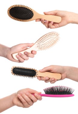 Beyaz arka planda farklı saç fırçaları tutan kadınların fotoğraflarıyla, yakın plan. Kuaför servisi