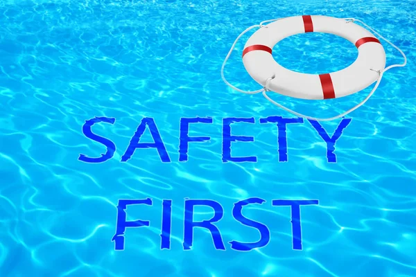 Safety First Life Buoy Swimming Pool Clean Blue Water — Stock Photo, Image