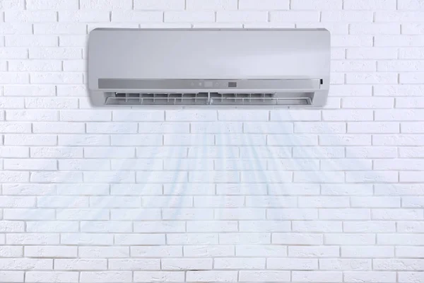 Modern Air Conditioner White Brick Wall Indoors — Stock Photo, Image