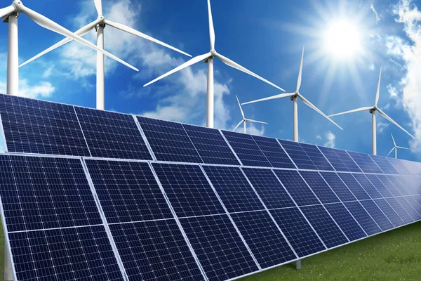Solární Panely Větrné Turbíny Instalované Venku Alternativní Zdroj Energie — Stock fotografie