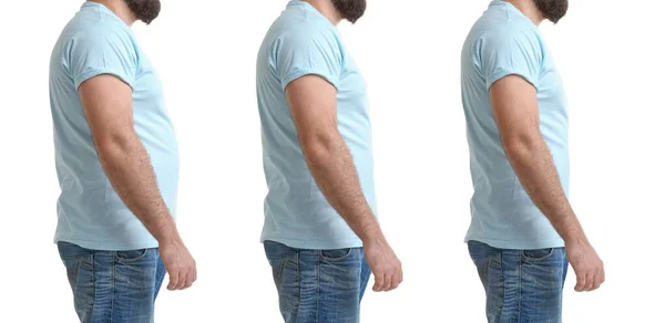 白い背景に体重減少の前後に太りすぎの男の写真とコラージュ クローズアップ バナーデザイン — ストック写真