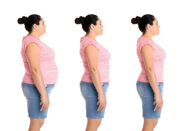 Collage Photos Overweight Woman Weight Loss White Background Banner Design — Stock Photo, Image