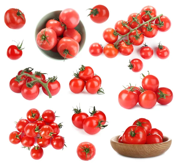 Set Con Deliciosos Tomates Cherry Maduros Sobre Fondo Blanco — Foto de Stock