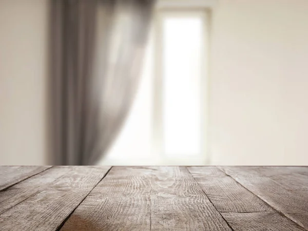 Empty Wooden Surface Blurred View Modern Window — Stock Photo, Image