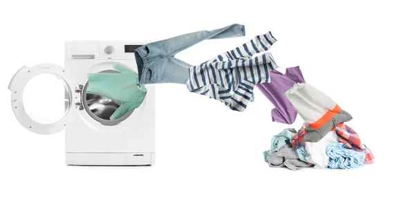 Washing Machine Flying Clothes White Background Banner Design — Stock Photo, Image