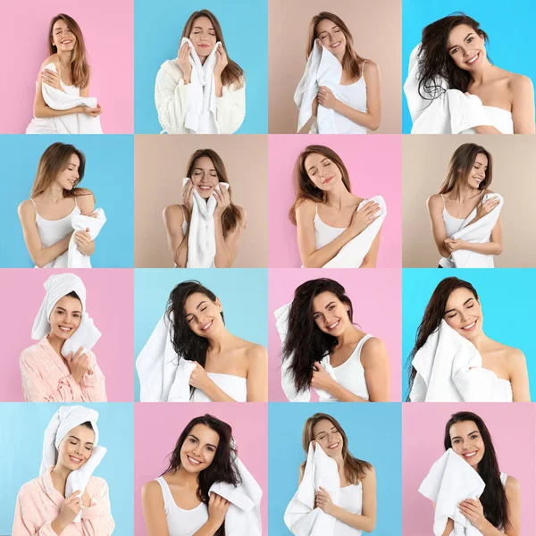 Collage Van Vrouwen Met Handdoeken Verschillende Achtergronden — Stockfoto