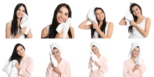 Collage Women Towels White Background Banner Design — Stock Photo, Image