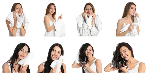 Colagem Mulheres Com Toalhas Fundo Branco Design Banner — Fotografia de Stock