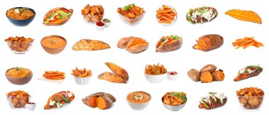 Beyaz arka planda lezzetli patates tabakları. Pankart tasarımı