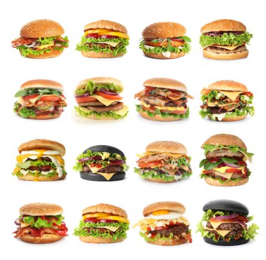 Beyaz arka planda değişik lezzetli hamburgerler.