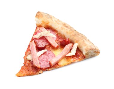 Beyaz üzerine izole edilmiş lezzetli pizza dilimleri.