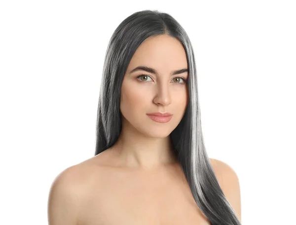 Retrato Mujer Joven Con Hermoso Pelo Gris Sobre Fondo Blanco —  Fotos de Stock