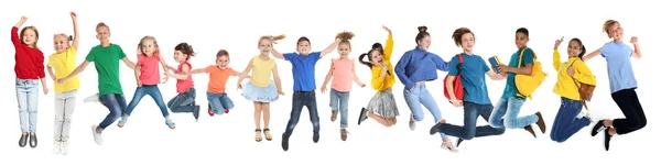 Collage Con Fotos Niños Saltando Sobre Fondo Blanco Diseño Banner —  Fotos de Stock