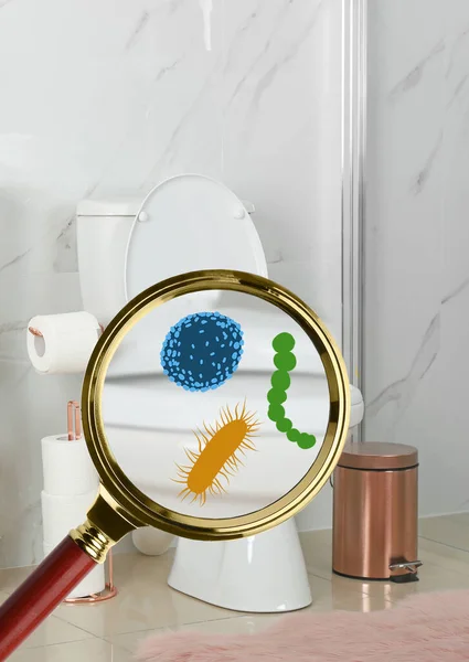 Ampliação Vidro Ilustração Micróbios Vaso Sanitário Banheiro — Fotografia de Stock