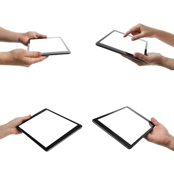 Colagem Com Fotos Pessoas Segurando Tablet Fundo Branco Close — Fotografia de Stock