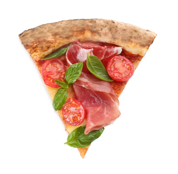 白で隔離された美味しいピザのスライス トップビュー — ストック写真