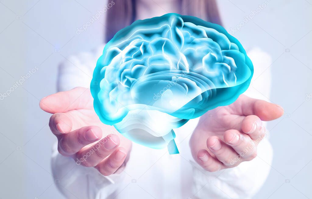 Young woman holding digital image of brain in hands on white background, closeup