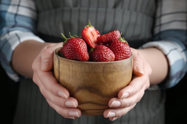 Woman Holding Bowl Tasty Fresh Strawberries Black Background Closeup — Stock Photo, Image