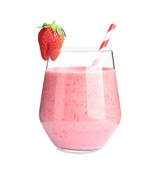 在白色的玻璃杯中 草莓味柔滑 — 图库照片