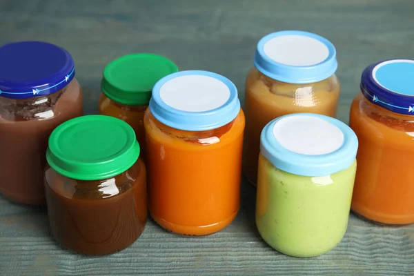 Jars Baby Food Wooden Table — Stock Photo, Image