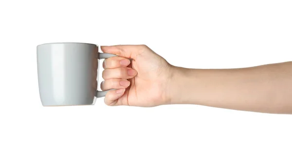 Mujer Sosteniendo Taza Sobre Fondo Blanco Primer Plano — Foto de Stock