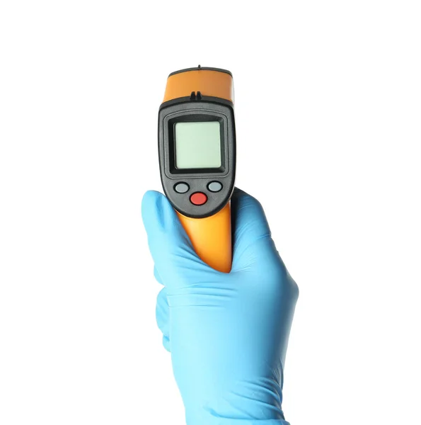 Arzt Latexhandschuhen Mit Berührungslosem Infrarot Thermometer Auf Weißem Hintergrund Nahaufnahme — Stockfoto