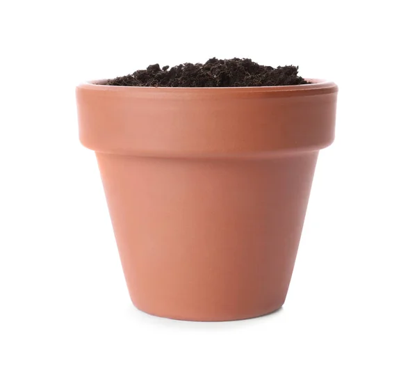 Stylish Terracotta Flower Pot Soil Isolated White — Stock Photo, Image