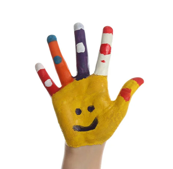 Criança Com Rosto Sorridente Desenhado Palma Mão Contra Fundo Branco — Fotografia de Stock