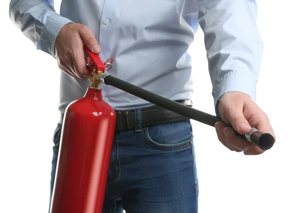 Hombre Con Extintor Incendios Sobre Fondo Blanco Primer Plano — Foto de Stock