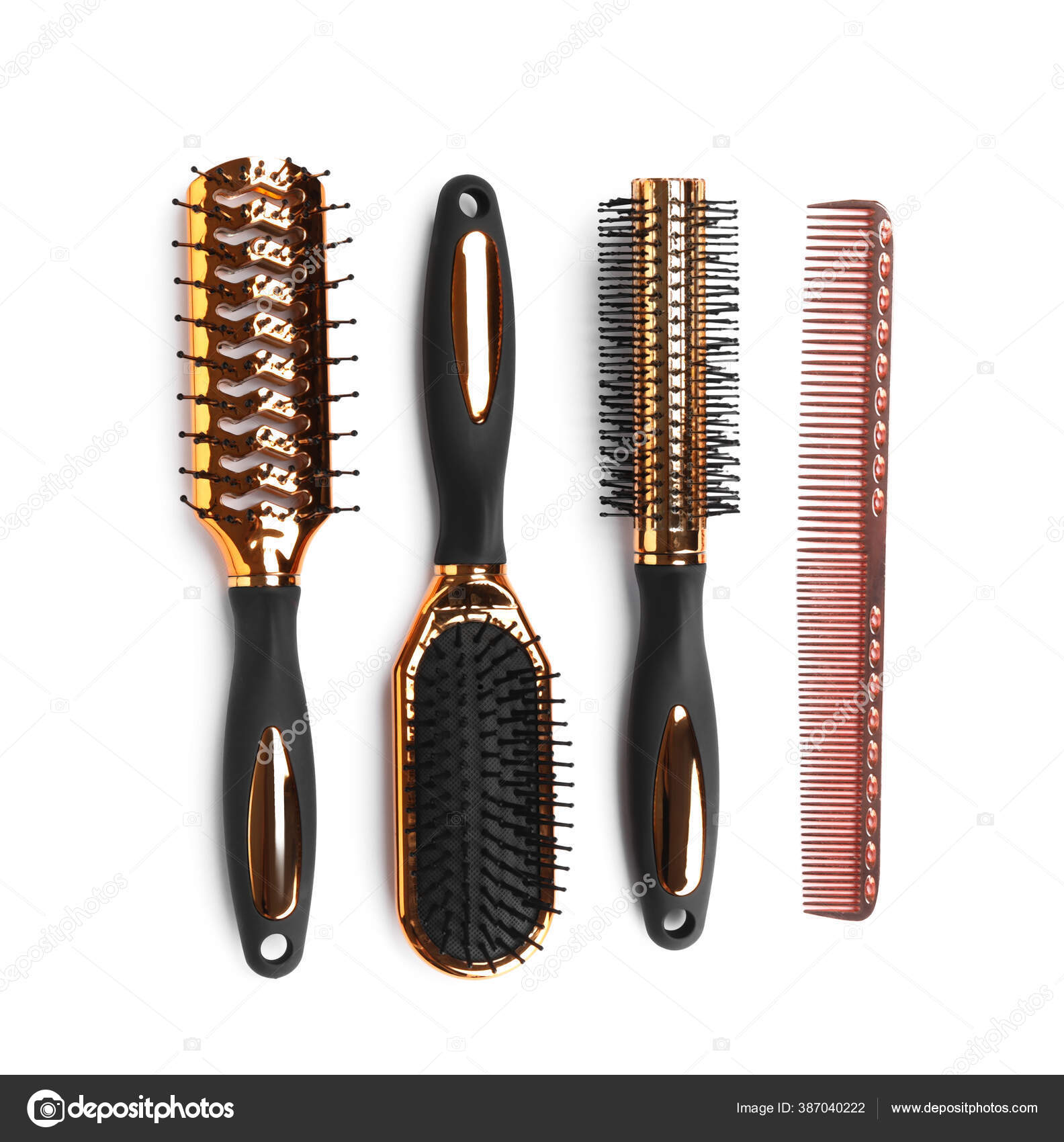 Set Modern Hair Brushes Comb Isolated White Top View Stock Photo by