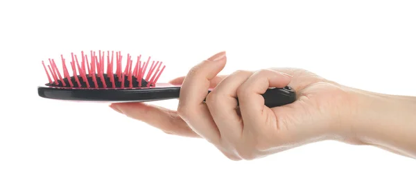 Woman Holding Modern Hair Brush White Background Closeup — Stock Photo, Image