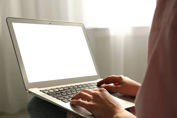 Woman Working Modern Laptop Indoors Closeup — Stock Photo, Image