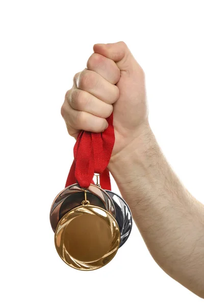 Man Holding Medals White Background Closeup Space Design — Stock Photo, Image