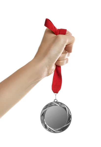 Woman Holding Silver Medal White Background Closeup Space Design — Stock Photo, Image