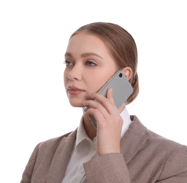 Joven Empresaria Hablando Por Teléfono Móvil Sobre Fondo Blanco — Foto de Stock