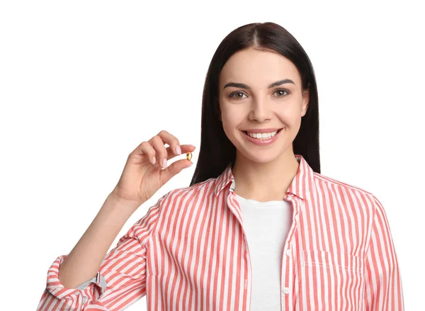 Jeune Femme Avec Capsule Vitaminée Sur Fond Blanc — Photo
