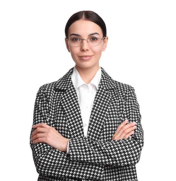 Portret Młodej Bizneswoman Białym Tle — Zdjęcie stockowe