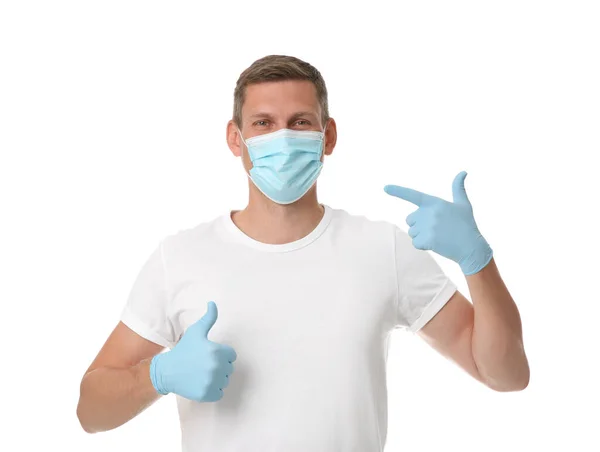 Male Volunteer Mask Gloves White Background Protective Measures Coronavirus Quarantine — Stock Photo, Image