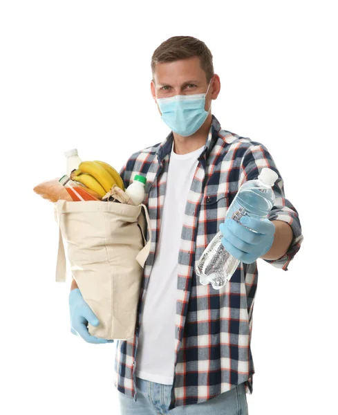 Male Volunteer Protective Mask Gloves Products White Background Aid Coronavirus — Stock Photo, Image