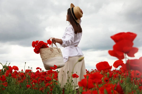 Femme Tenant Sac Main Avec Des Fleurs Pavot Dans Beau — Photo