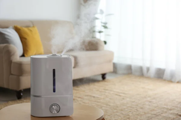 Moderno Humidificador Aire Mesa Madera Interiores Espacio Para Texto — Foto de Stock