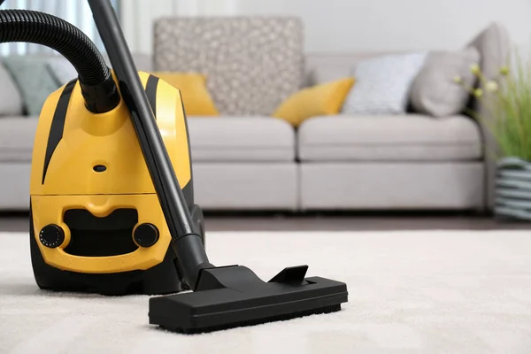 Modern Yellow Vacuum Cleaner Carpet Indoors Space Text — Stock Photo, Image