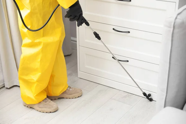 Pest Control Worker Spraying Pesticide Furniture Indoors Closeup — Stock Photo, Image