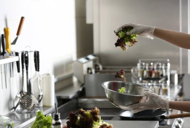 Kadın aşçı restoran mutfağında lezzetli salata pişiriyor, yakın plan.